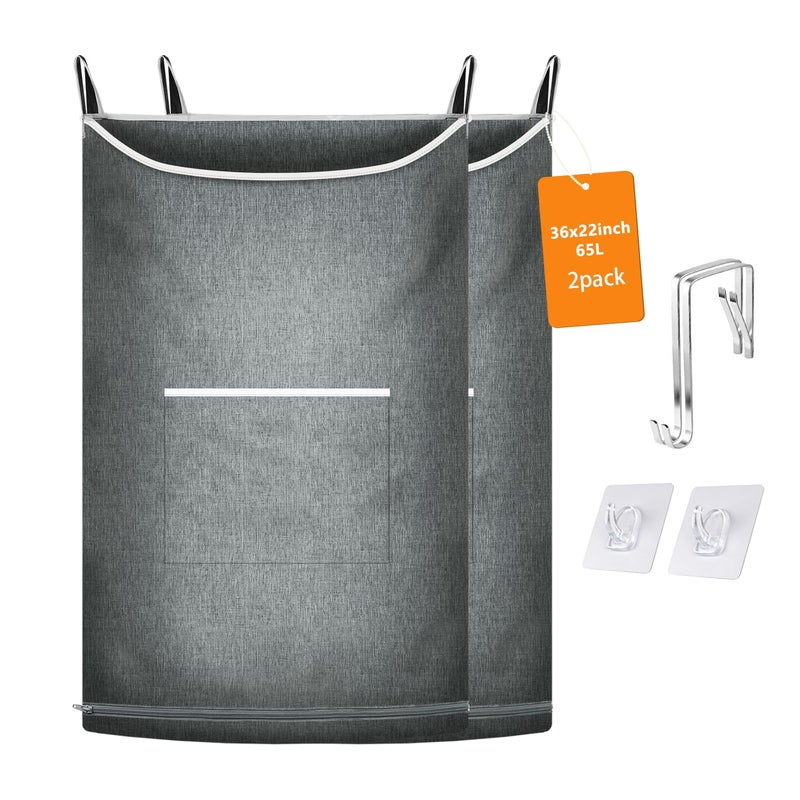 KINGSUSLAY XL Large Hanging Laundry Hamper, Over the Door Laundry Bag with Zipper and Wide Open Top,Hanging Hamper for Storage Laundry, Clothes, Toys,36x 22 Inch, Heather Grey 2Pack. - Image 1